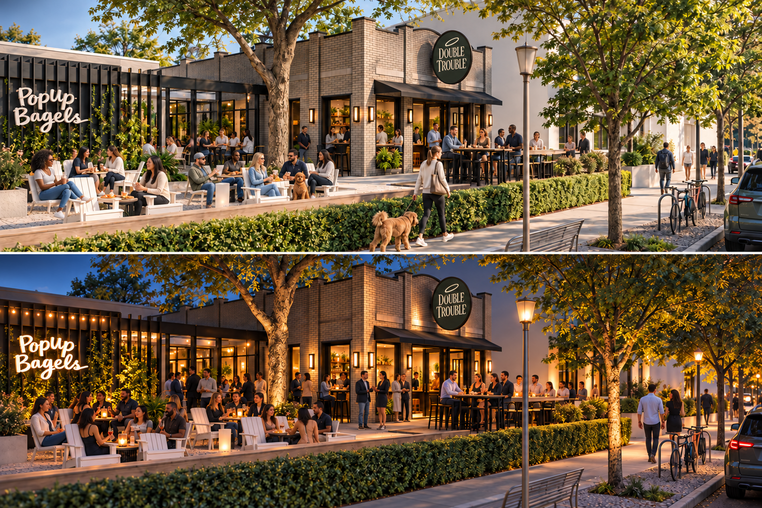 Proposed Double Trouble exterior and patio on a sunny morning